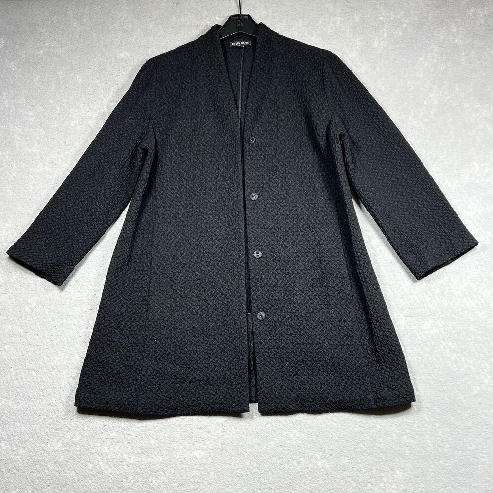 Eileen Fisher Cardigan Women Small Blck Long Tencel Lyocell Oversized Seersucker